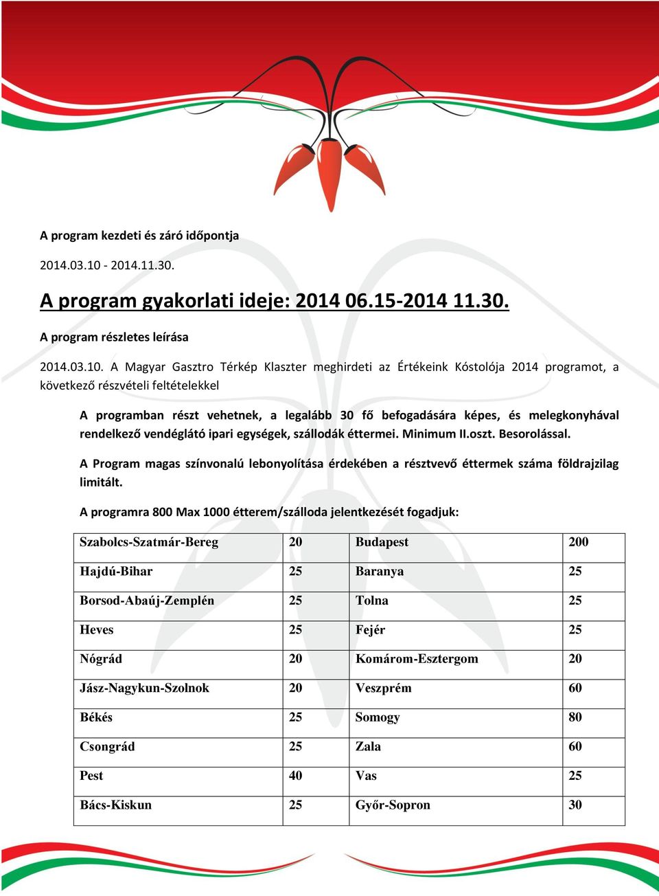 A Magyar Gasztro Térkép Klaszter meghirdeti az Értékeink Kóstolója 2014 programot, a következő részvételi feltételekkel A programban részt vehetnek, a legalább 30 fő befogadására képes, és