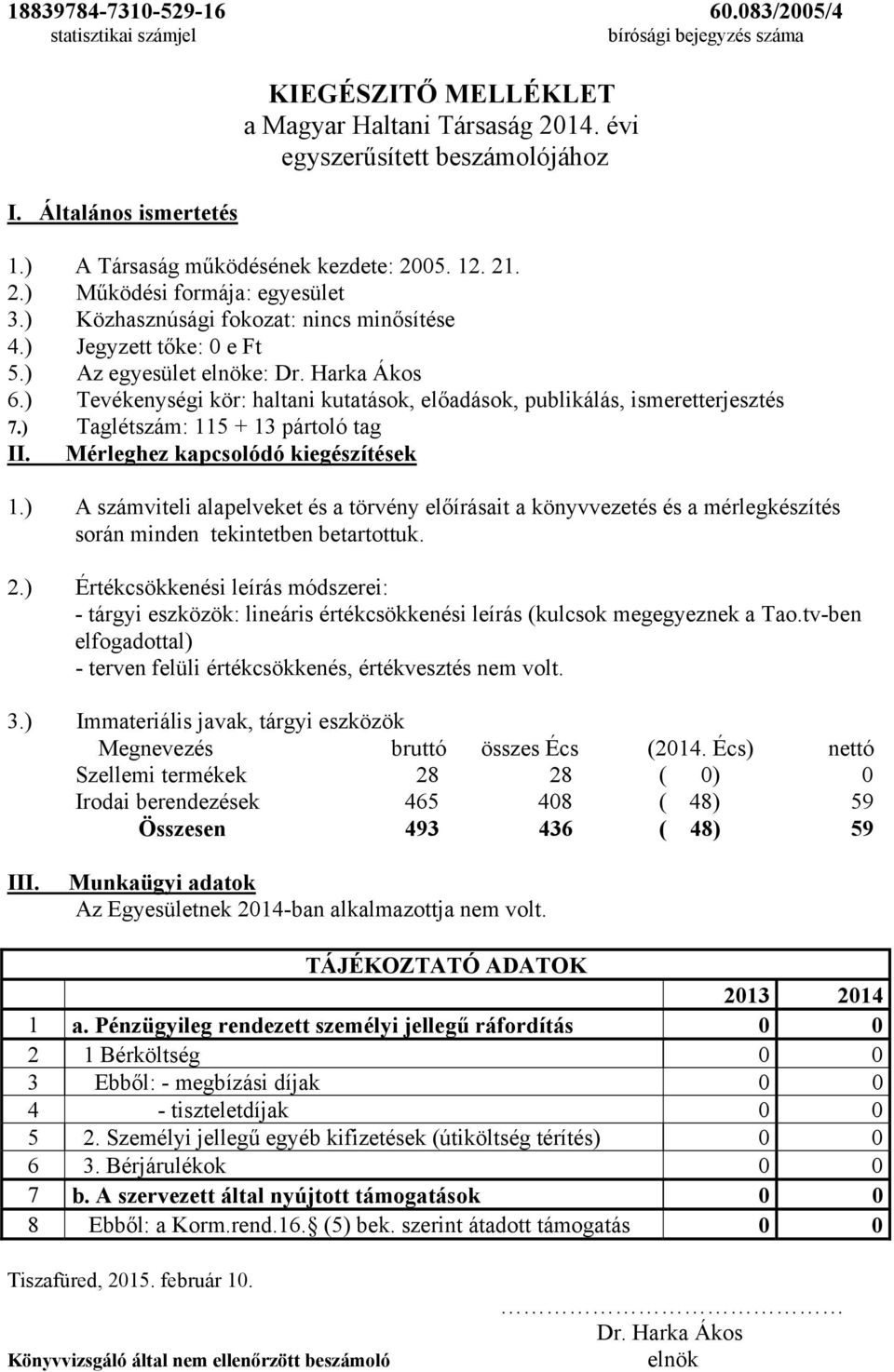 ) Tevékenységi kör: haltani kutatások, előadások, publikálás, ismeretterjesztés 7.) Taglétszám: 115 + 13 pártoló tag II. Mérleghez kapcsolódó kiegészítések 1.