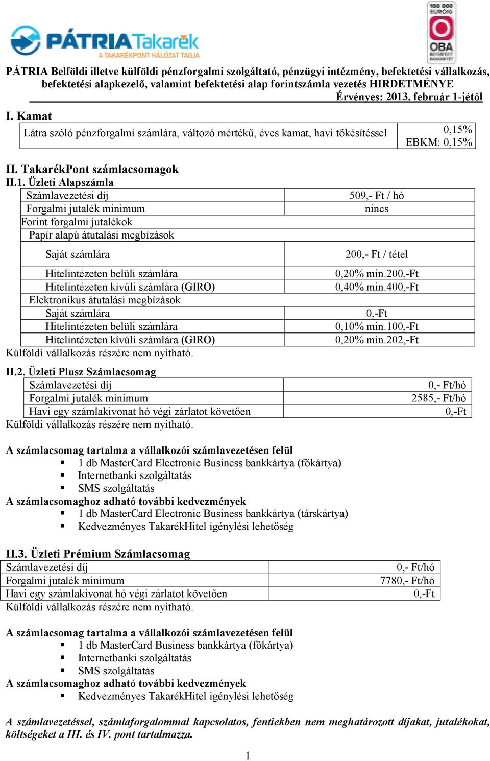 % II. TakarékPont számlacsomagok II.1.