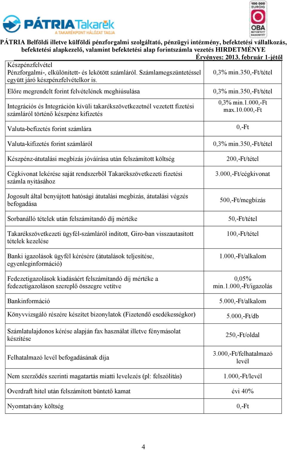 00 Valuta-befizetés forint számlára Valuta-kifizetés forint számláról Készpénz-átutalási megbízás jóváírása után felszámított költség Cégkivonat lekérése saját rendszerbıl Takarékszövetkezeti