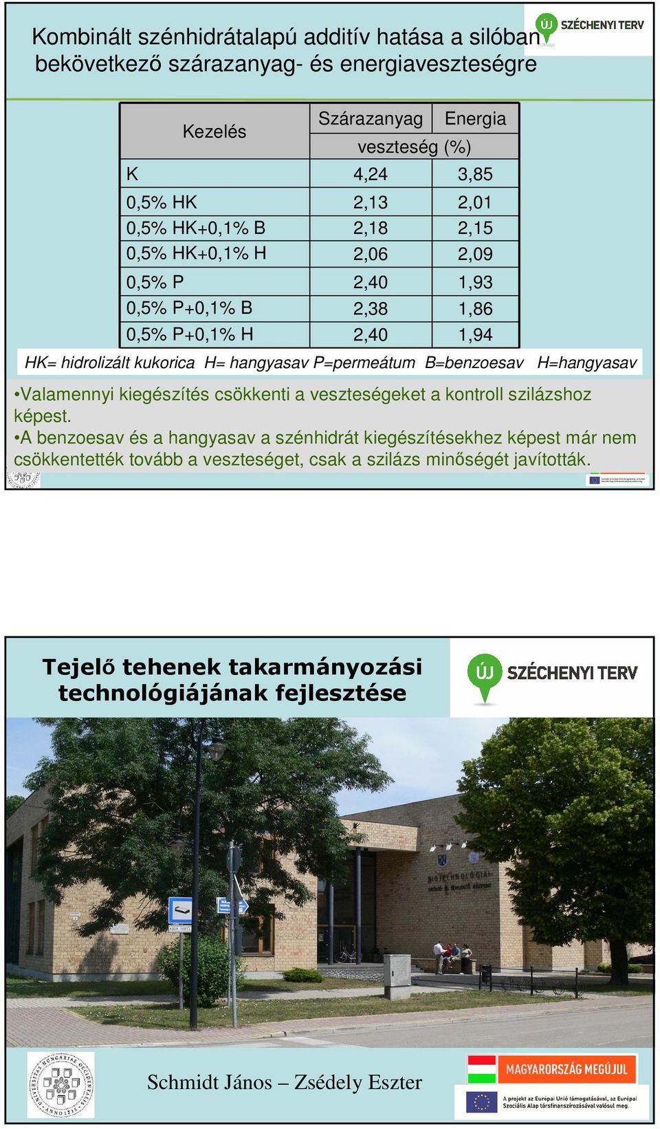 P=permeátum B=benzoesav H=hangyasav Valamennyi kiegészítés csökkenti a veszteségeket a kontroll szilázshoz képest.