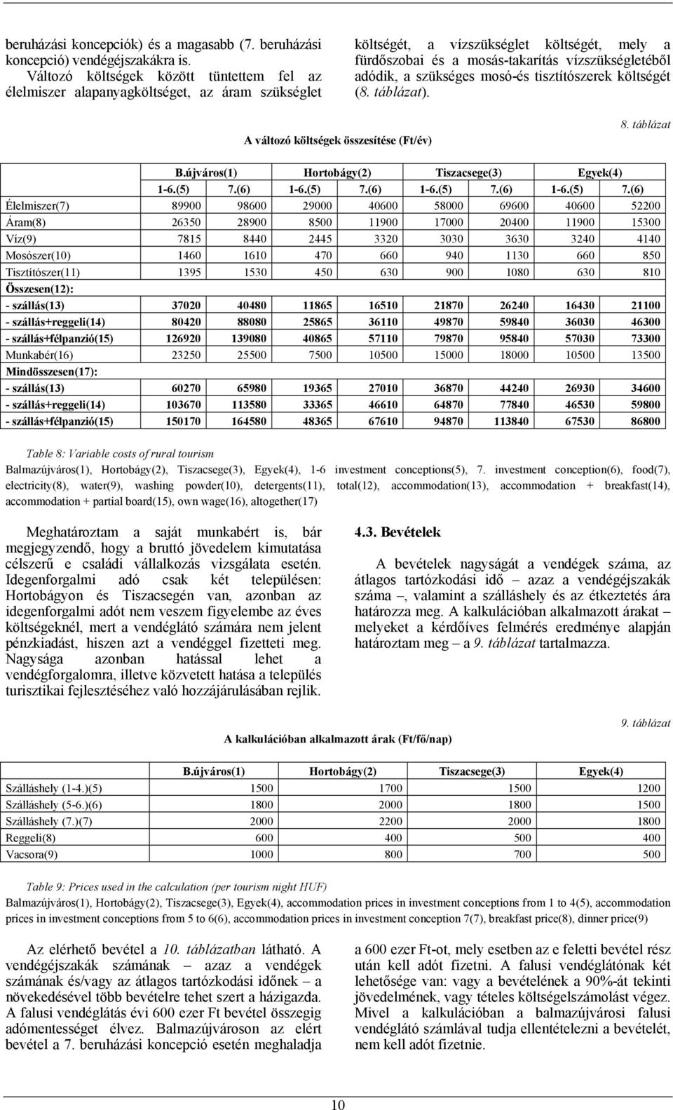 szükséges mosó-és tisztítószerek költségét (8. táblázat). A változó költségek összesítése (Ft/év) 8. táblázat B.újváros(1) Hortobágy(2) Tiszacsege(3) Egyek(4) 1-6.(5) 7.