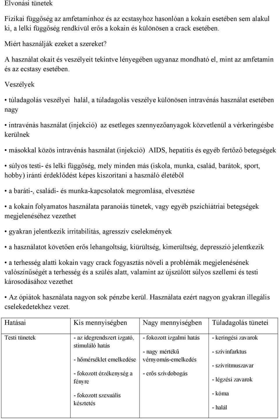 Veszélyek túladagolás veszélyei halál, a túladagolás veszélye különösen intravénás használat esetében nagy intravénás használat (injekció) az esetleges szennyezőanyagok közvetlenül a vérkeringésbe