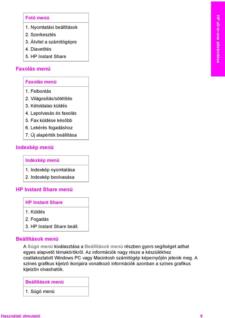 Indexkép beolvasása HP Instant Share menü HP Instant Share 1. Küldés 2. Fogadás 3. HP Instant Share beáll.