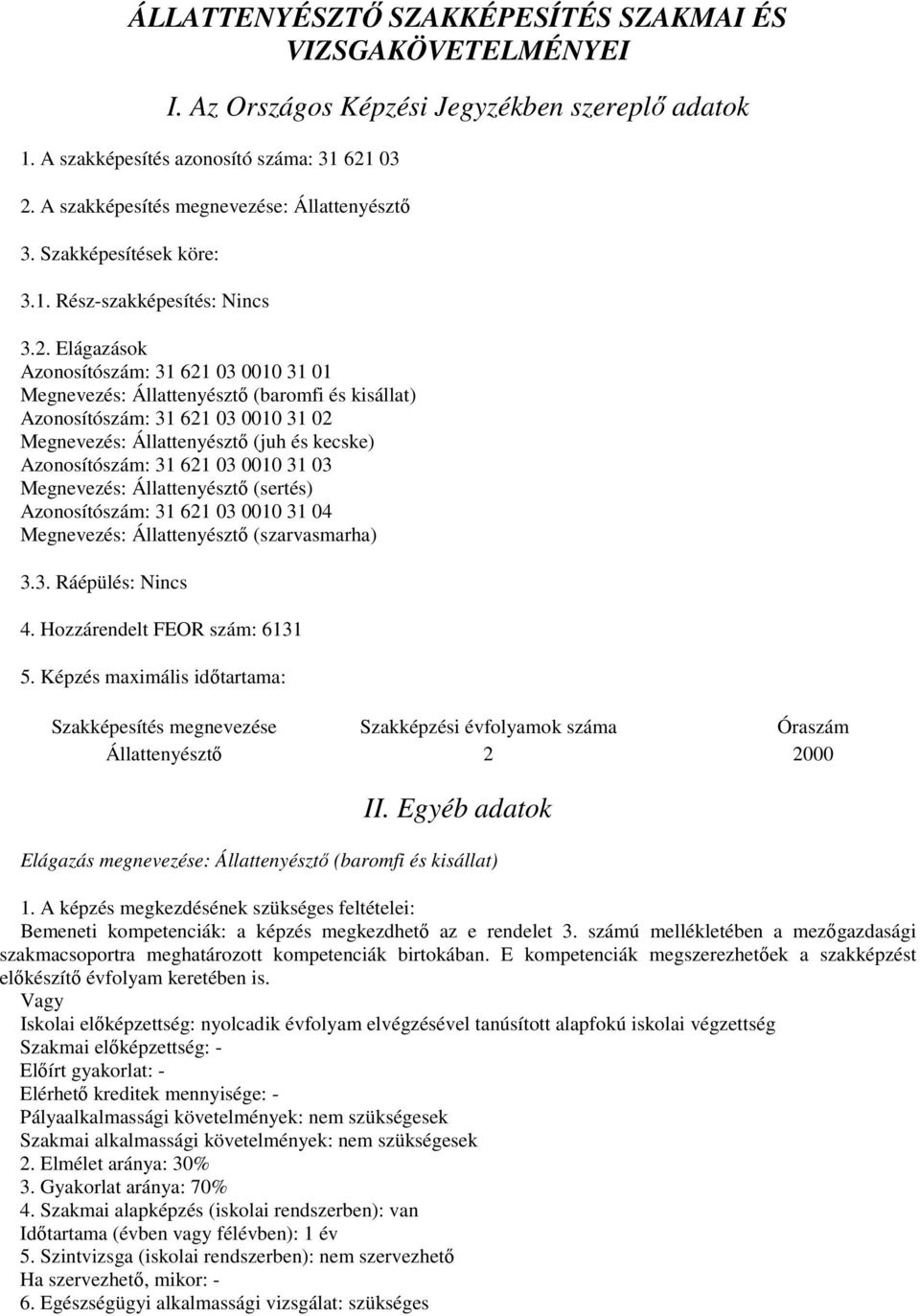 Elágazások Azonosítószám: 31 621 03 0010 31 01 Megnevezés: Állattenyésztő (baromfi és kisállat) Azonosítószám: 31 621 03 0010 31 02 Megnevezés: Állattenyésztő (juh és kecske) Azonosítószám: 31 621 03