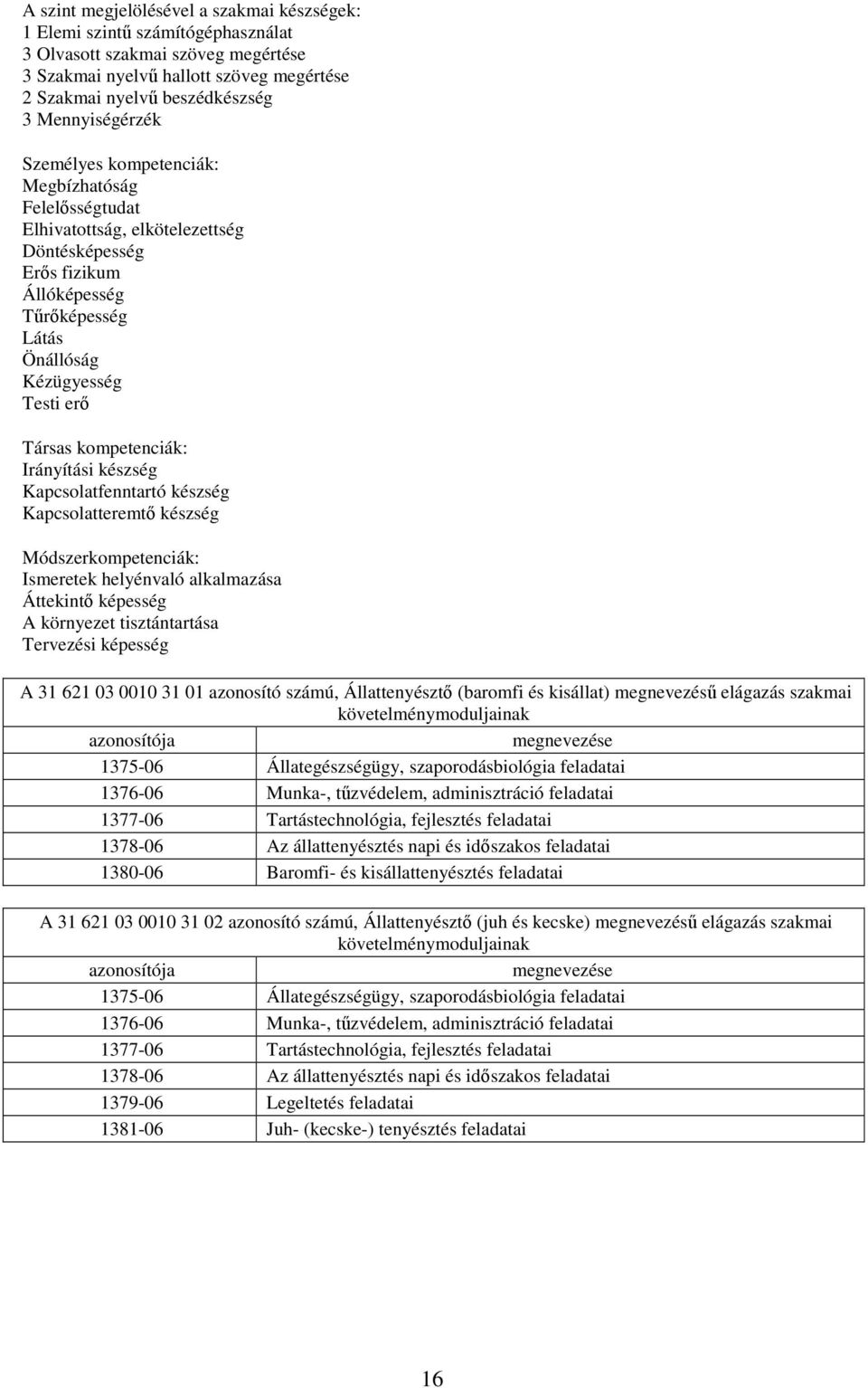 kompetenciák: Irányítási készség Kapcsolatfenntartó készség Kapcsolatteremtő készség Módszerkompetenciák: Ismeretek helyénvaló alkalmazása Áttekintő képesség A környezet tisztántartása Tervezési