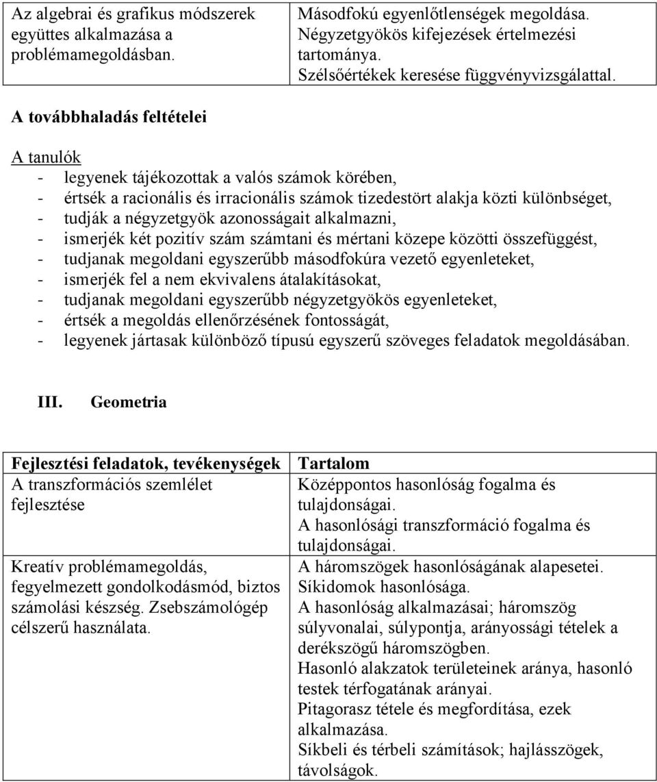 A továbbhaladás feltételei A tanulók - legyenek tájékozottak a valós számok körében, - értsék a racionális és irracionális számok tizedestört alakja közti különbséget, - tudják a négyzetgyök