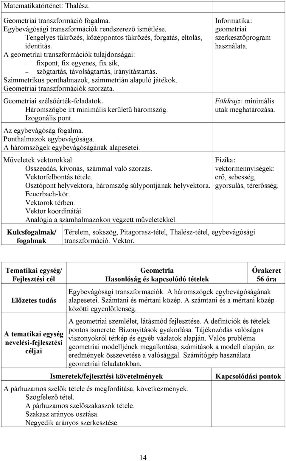 Geometriai transzformációk szorzata. Geometriai szélsőérték-feladatok. Háromszögbe írt minimális kerületű háromszög. Izogonális pont. Az egybevágóság fogalma. Ponthalmazok egybevágósága.