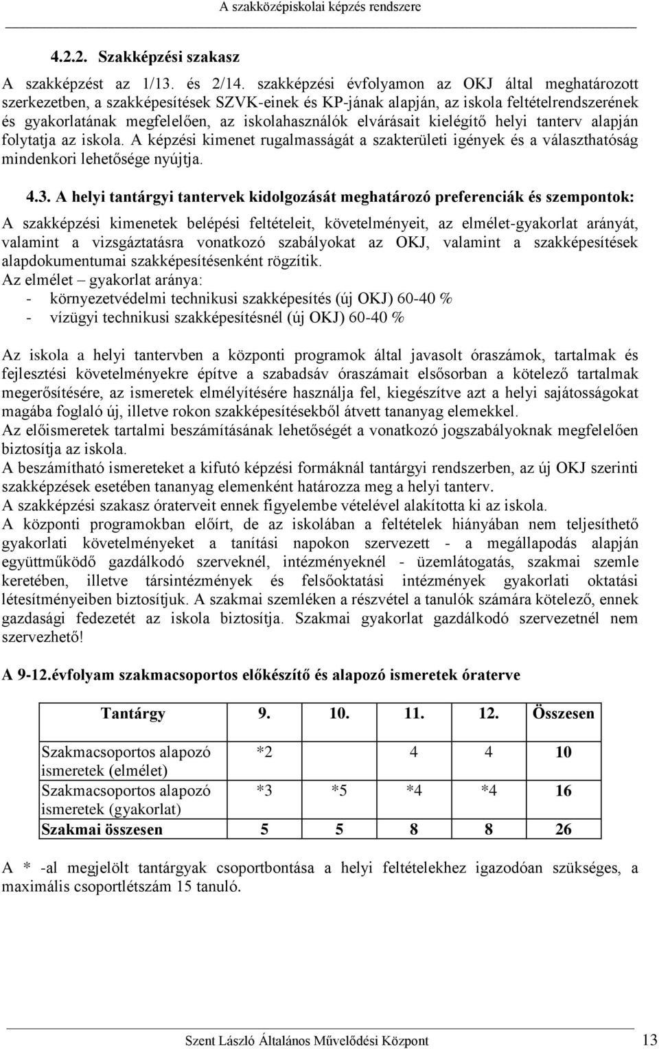 elvárásait kielégítő helyi tanterv alapján folytatja az iskola. A képzési kimenet rugalmasságát a szakterületi igények és a választhatóság mindenkori lehetősége nyújtja. 4.3.