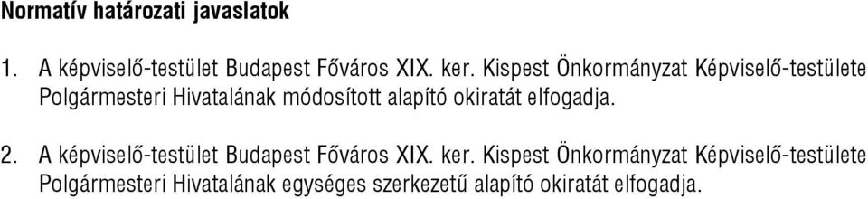 okiratát elfogadja. 2. A képviselő-testület Budapest Főváros XIX. ker.