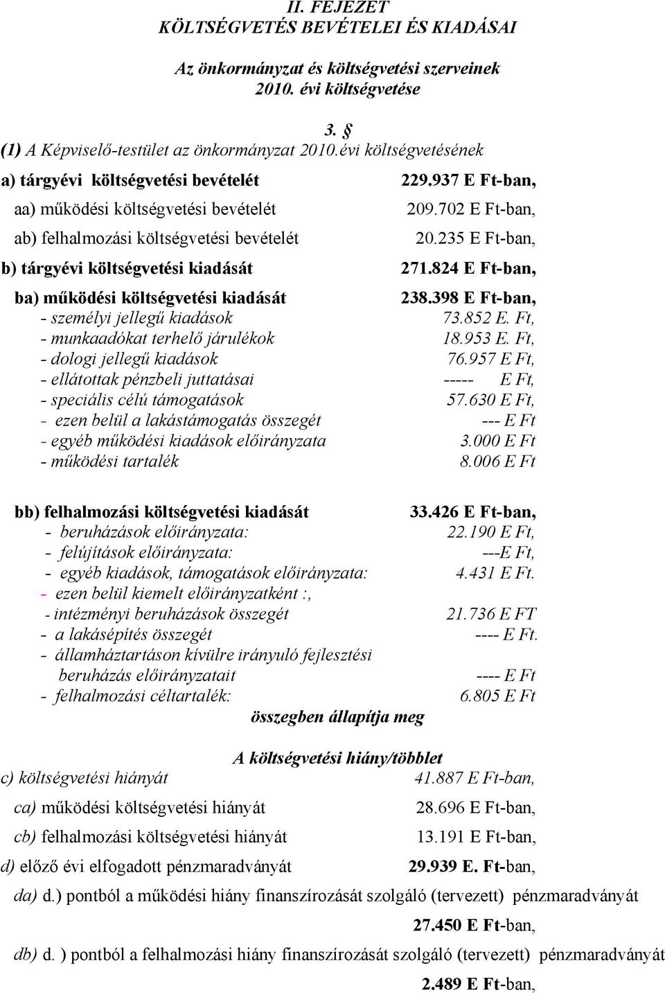 235 E Ft-ban, b) tárgyévi költségvetési kiadását 271.824 E Ft-ban, ba) működési költségvetési kiadását 238.398 E Ft-ban, - személyi jellegű kiadások 73.852 E. Ft, - munkaadókat terhelő járulékok 18.