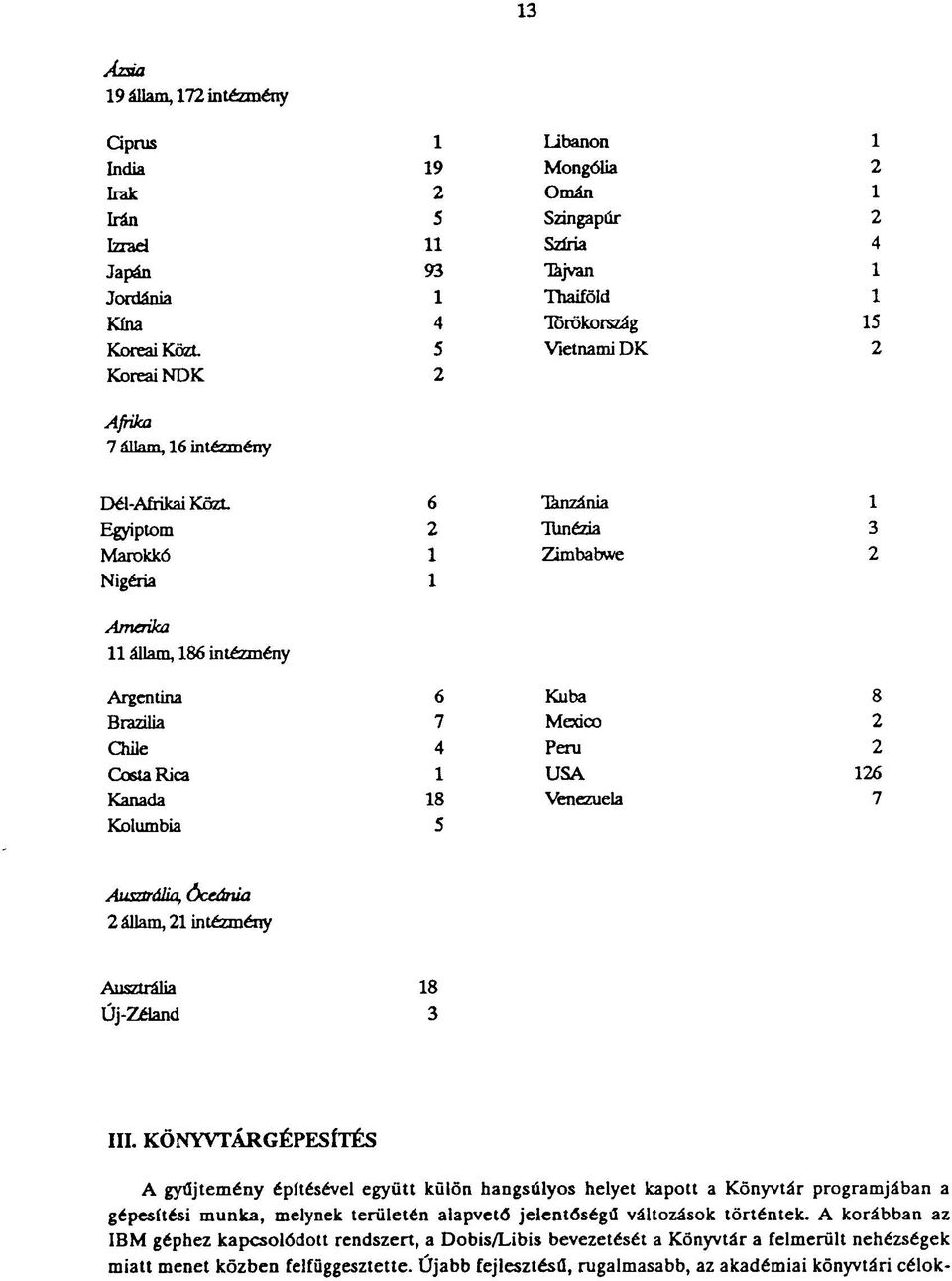 Chile 4 Costa Rica 1 Kanada 18 Kolumbia 5 Kuba 8 Moáco 2 Peru 2 USA 126 Venezuela 7 Ausztrália, Óceánia 2 állam, 21 intézmény Ausztrália 18 Új-Zéland 3 III.