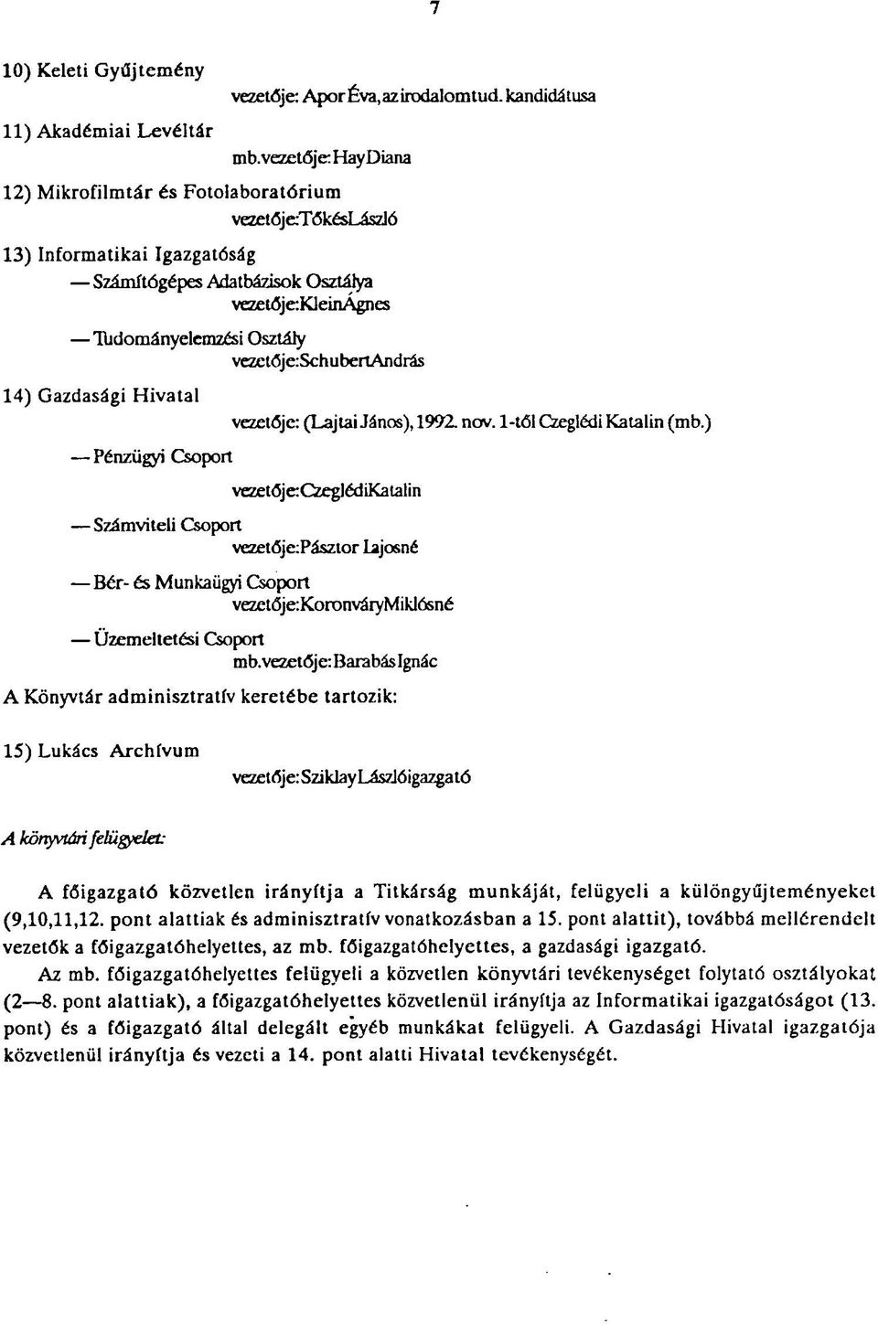 vezetője:schubertandrás 14) Gazdasági Hivatal Pénzügyi Csoport vezetője: (Lajtai János), 1992. nov. 1-től Czeglédi Katalin (mb.