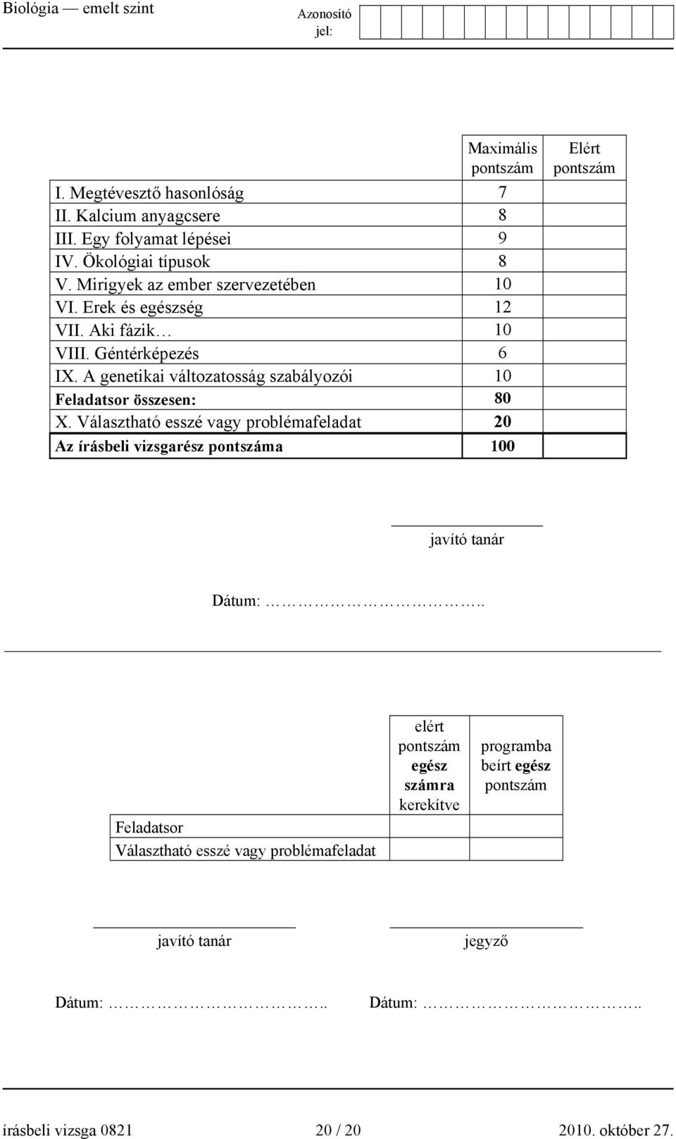 A genetikai változatosság szabályozói 10 Feladatsor összesen: 80 X.