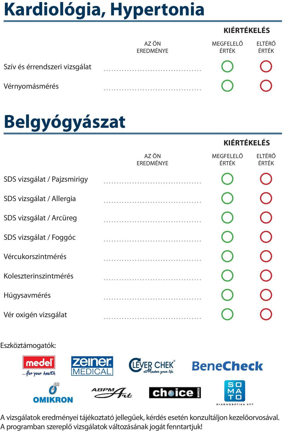 Koleszterinszintmérés Húgysavmérés Vér oxigén vizsgálat Eszköztámogatók: A vizsgálatok eredményei tájékoztató