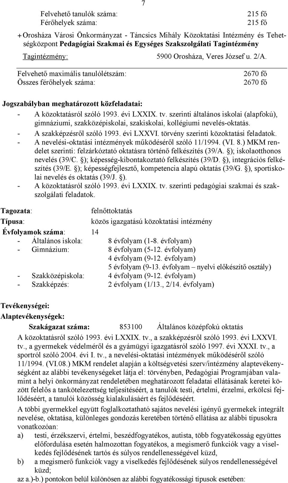 Felvehető maximális tanulólétszám: Összes férőhelyek száma: 2670 fő 2670 fő Jogszabályban meghatározott közfeladatai: - A közoktatásról szóló 1993. évi LXXIX. tv.