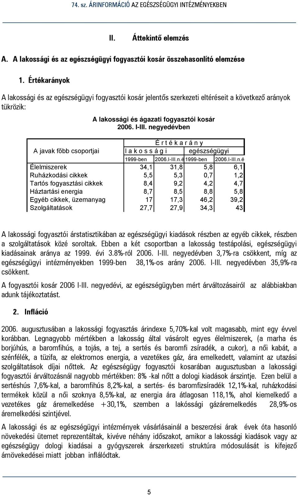 negyedévben É r t é k a r á n y A javak főbb csoportjai l a k o s s á g i egészségügyi 1999-ben 2006.I-III.n.é 1999-ben 2006.I-III.n.é Élelmiszerek 34,1 31,8 5,8 6,1 Ruházkodási cikkek 5,5 5,3 0,7