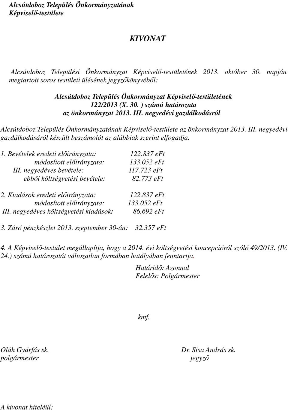 Bevételek eredeti előirányzata: 122.837 eft módosított előirányzata: 133.052 eft III. negyedéves bevétele: 117.723 eft ebből költségvetési bevétele: 82.773 eft 2. Kiadások eredeti előirányzata: 122.