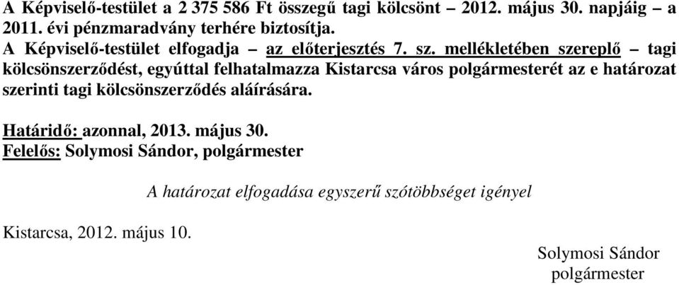 mellékletében szereplő tagi kölcsönszerződést, egyúttal felhatalmazza Kistarcsa város polgármesterét az e határozat