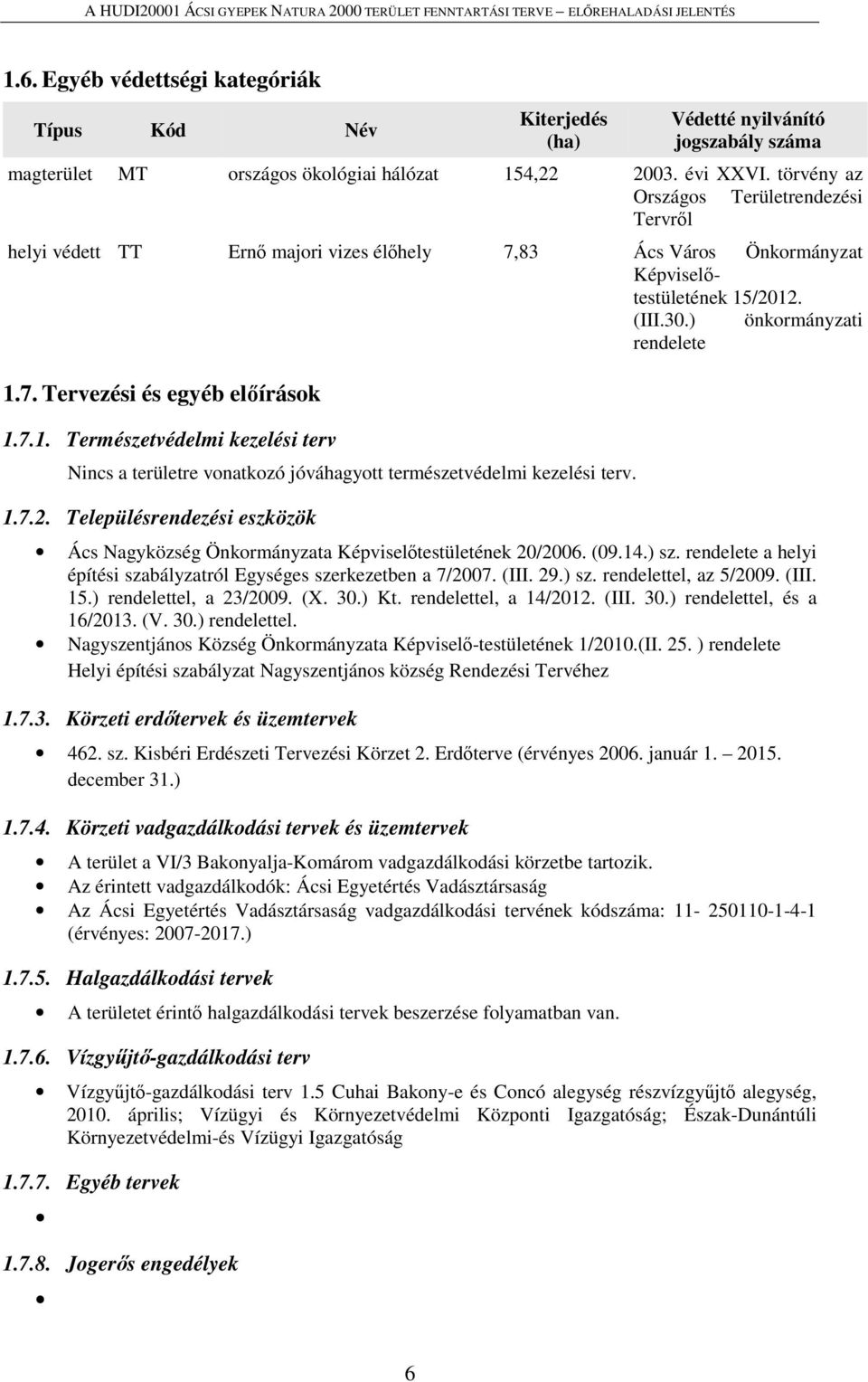 7.1. Természetvédelmi kezelési terv Nincs a területre vonatkozó jóváhagyott természetvédelmi kezelési terv. 1.7.2.