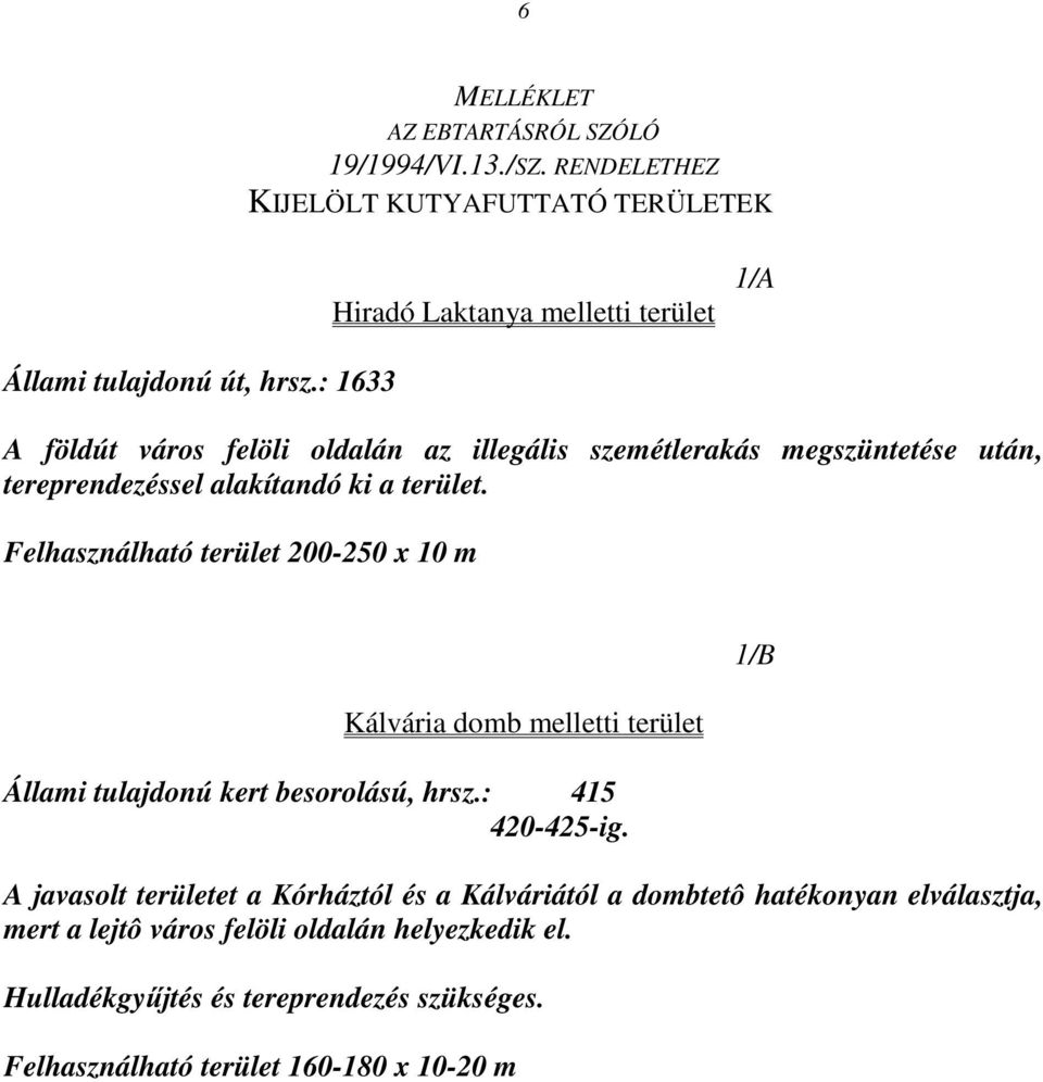 Felhasználható terület 200-250 x 10 m Kálvária domb melletti terület Állami tulajdonú kert besorolású, hrsz.: 415 420-425-ig.