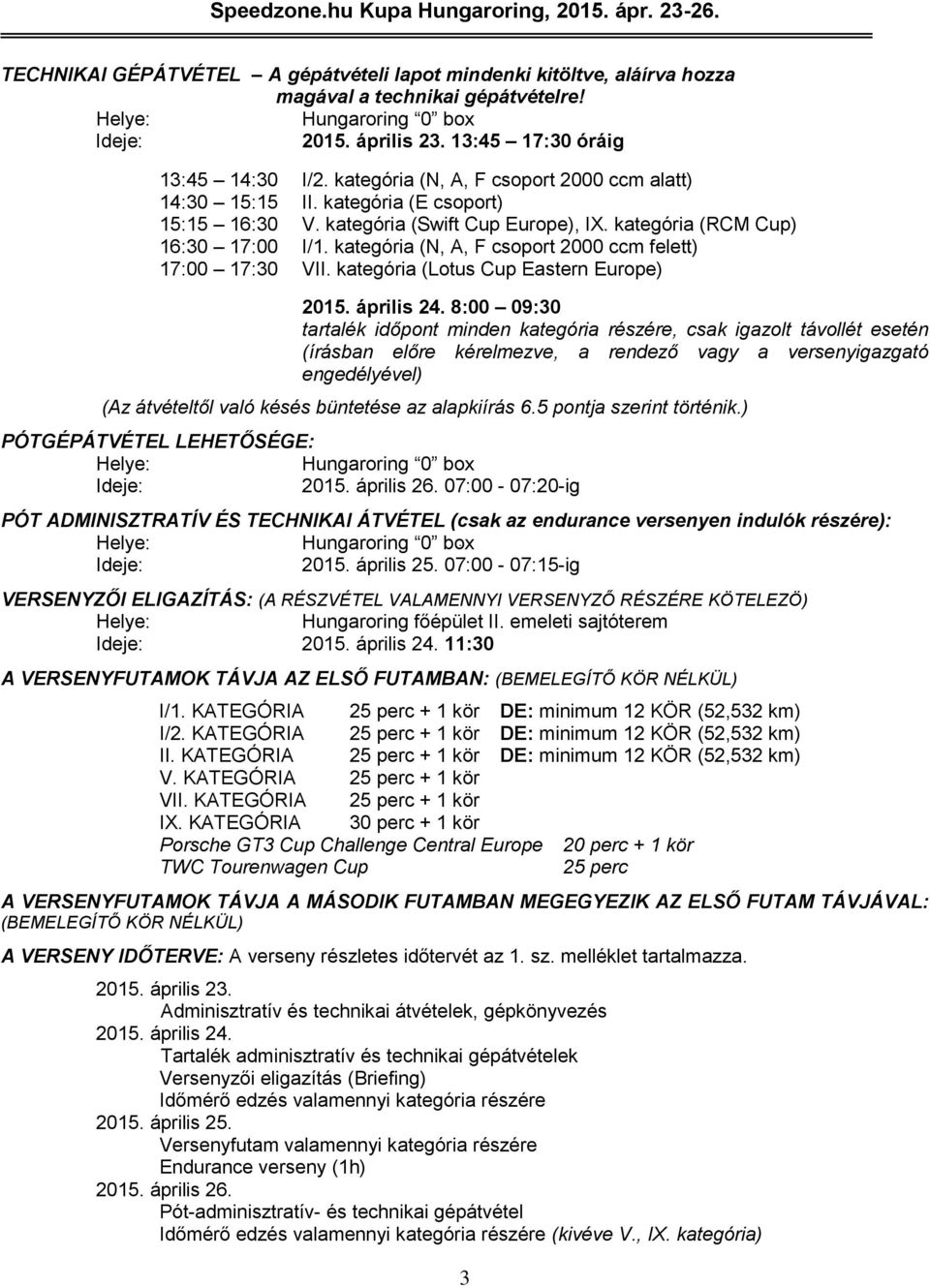 kategória (N, A, F csoport 2000 ccm felett) 17:00 17:30 VII. kategória (Lotus Cup Eastern Europe) 2015. április 24.