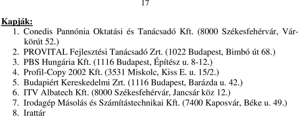 ) 4. Profil-Copy 2002 Kft. (3531 Miskolc, Kiss E. u. 15/2.) 5. Budapiért Kereskedelmi Zrt. (1116 Budapest, Barázda u. 42.