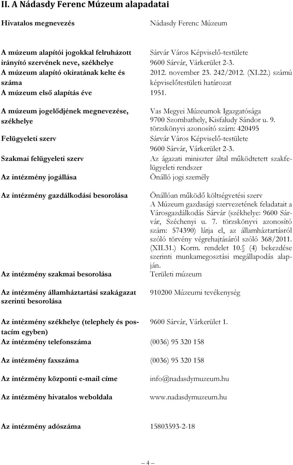 A múzeum jogelődjének megnevezése, székhelye Felügyeleti szerv Szakmai felügyeleti szerv Az intézmény jogállása Az intézmény gazdálkodási besorolása Az intézmény szakmai besorolása Az intézmény