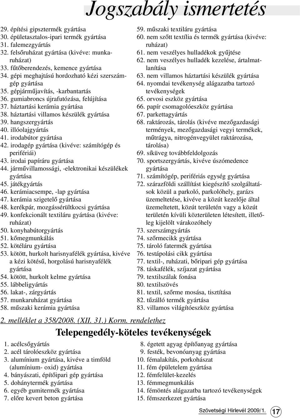 háztartási kerámia gyártása 38. háztartási villamos készülék gyártása 39. hangszergyártás 40. illóolajgyártás 41. irodabútor gyártása 42. irodagép gyártása (kivéve: számítógép és perifériái) 43.