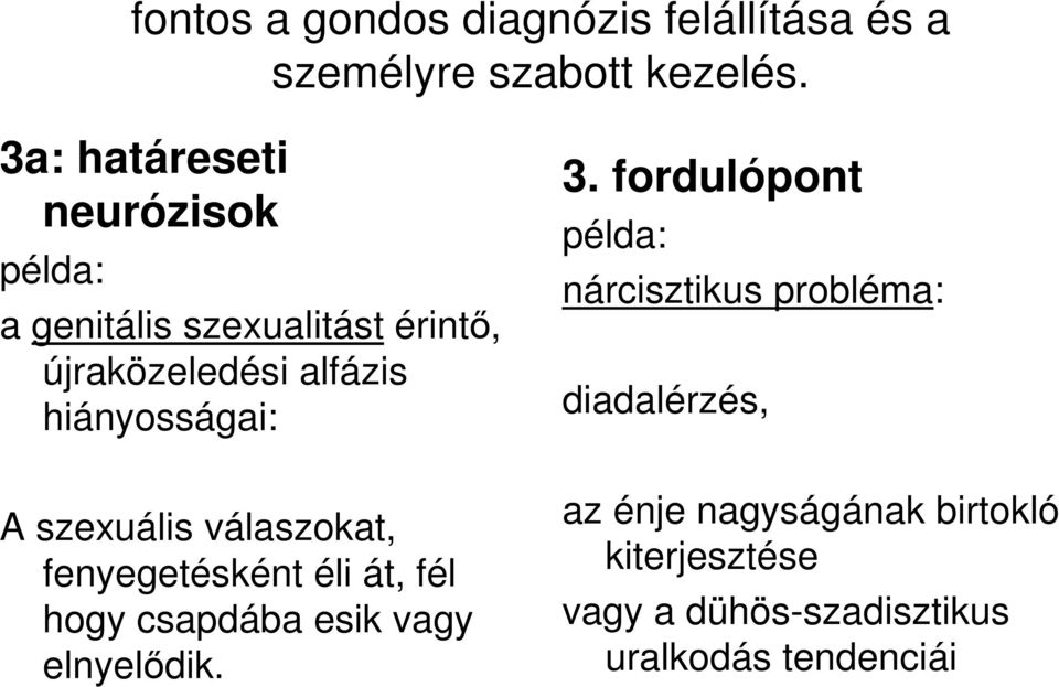 hiányosságai: A szexuális válaszokat, fenyegetésként éli át, fél hogy csapdába esik vagy elnyelıdik.