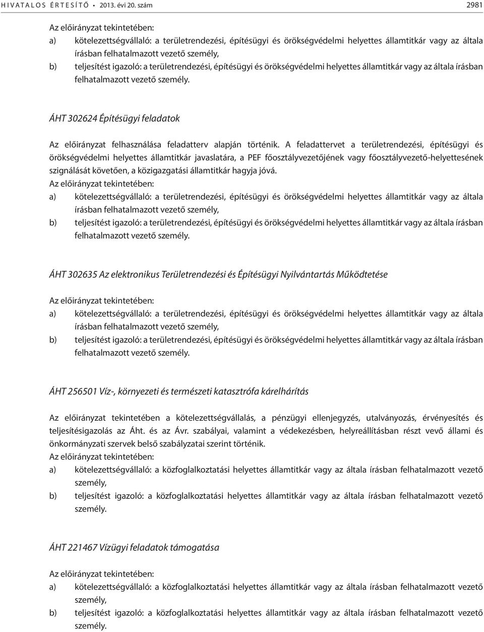 és örökségvédelmi helyettes államtitkár vagy az általa írásban felhatalmazott ÁHT 302624 Építésügyi feladatok Az előirányzat felhasználása feladatterv alapján történik.