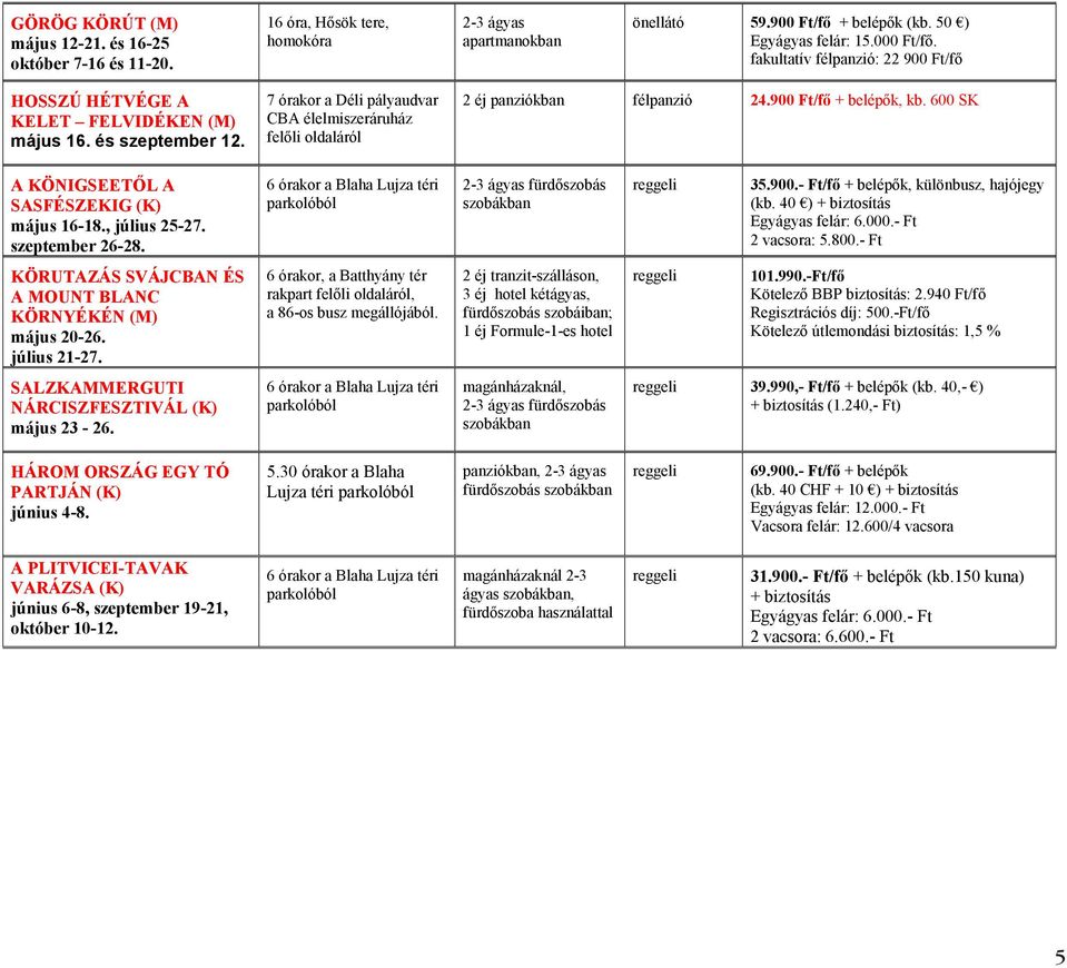 600 SK A KÖNIGSEETŐL A SASFÉSZEKIG (K) május 16-18., július 25-27. szeptember 26-28. 2-3 ágyas fürdőszobás 35.900.- Ft/fő + belépők, különbusz, hajójegy (kb. 40 ) Egyágyas felár: 6.000.