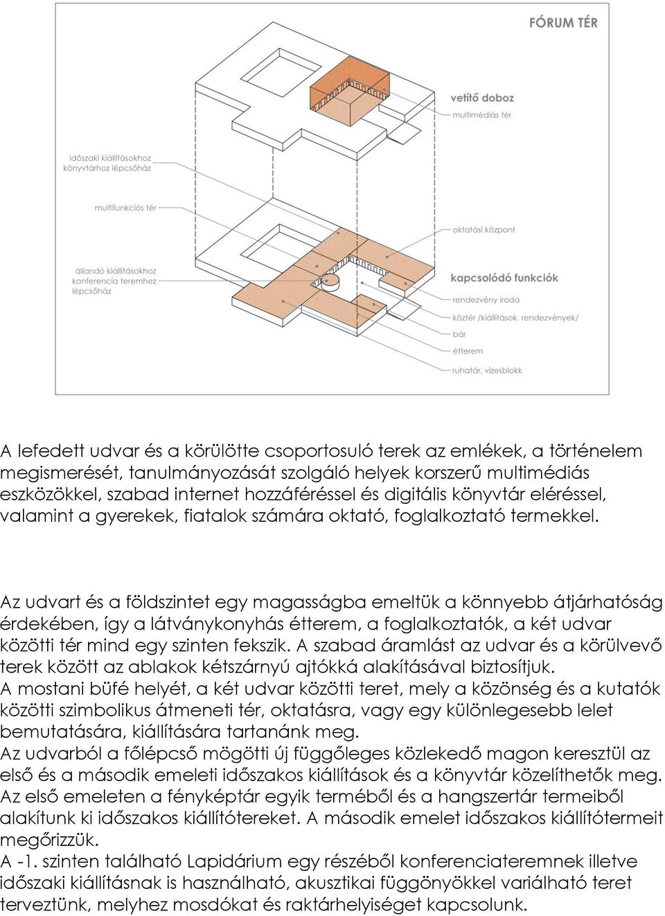 Az udvart és a földszintet egy magasságba emeltük a könnyebb átjárhatóság érdekében, így a látványkonyhás étterem, a foglalkoztatók, a két udvar közötti tér mind egy szinten fekszik.