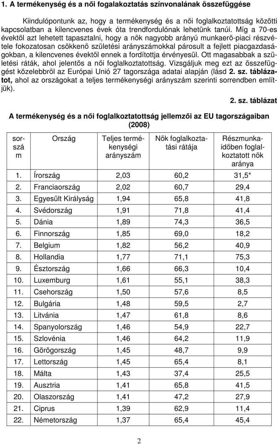 táblázat A termékenység és a nıi foglalkoztatottság jellemzıi az EU tagországaiban (2008) Kiindulópontunk az, hogy a termékenység és a nıi foglalkoztatottság közötti kapcsolatban a kilencvenes évek