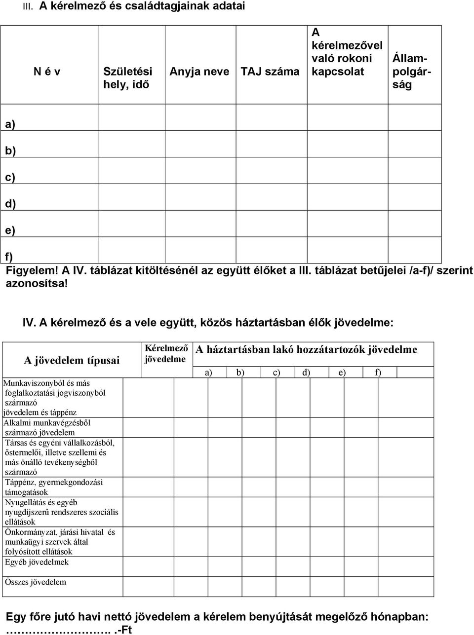 A kérelmező és a vele együtt, közös háztartásban élők jövedelme: A jövedelem típusai Munkaviszonyból és más foglalkoztatási jogviszonyból származó jövedelem és táppénz Alkalmi munkavégzésből származó