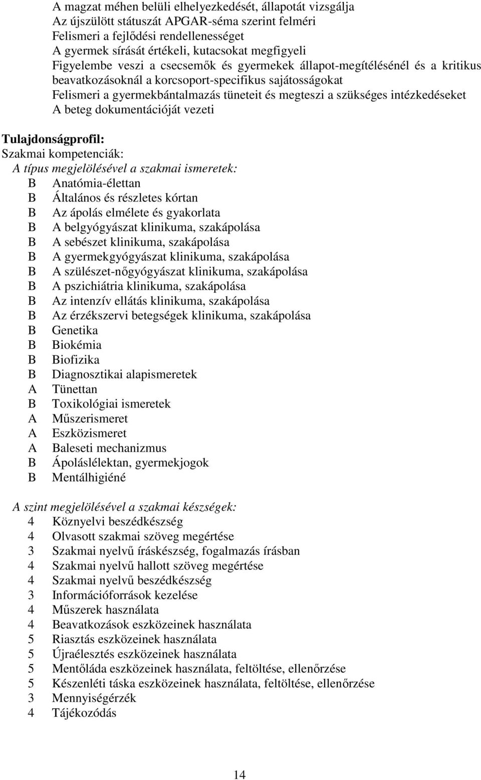 intézkedéseket A beteg dokumentációját vezeti Tulajdonságprofil: Szakmai kompetenciák: A típus megjelölésével a szakmai ismeretek: B Anatómia-élettan B Általános és részletes kórtan B Az ápolás