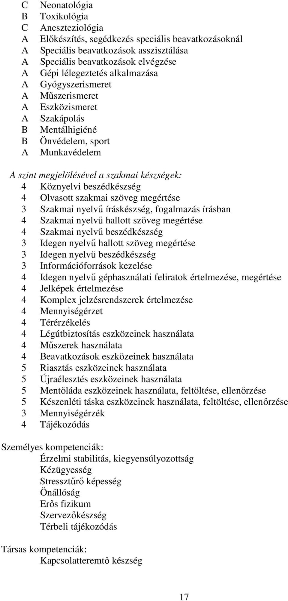 Olvasott szakmai szöveg megértése 3 Szakmai nyelvű íráskészség, fogalmazás írásban 4 Szakmai nyelvű hallott szöveg megértése 4 Szakmai nyelvű beszédkészség 3 Idegen nyelvű hallott szöveg megértése 3