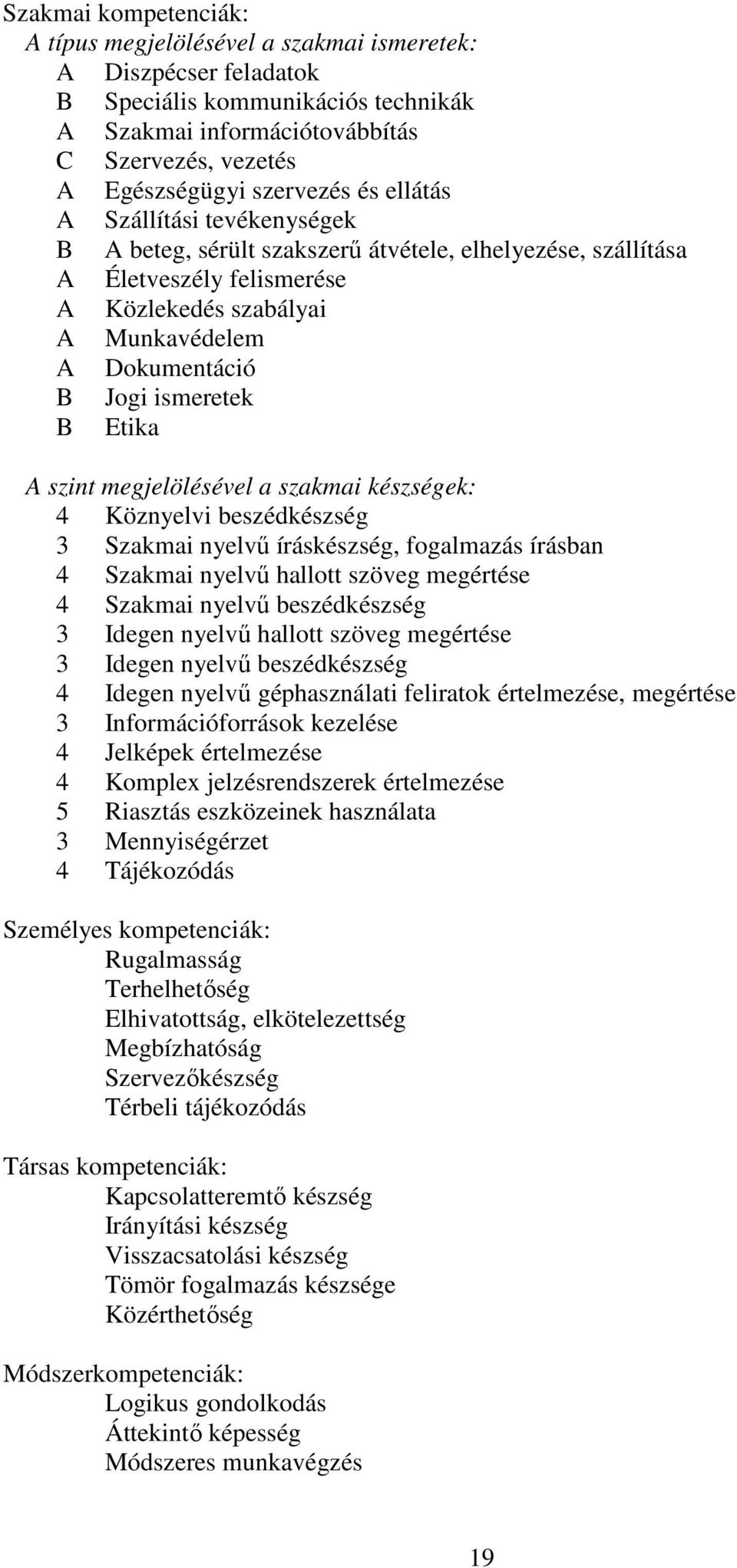 ismeretek B Etika A szint megjelölésével a szakmai készségek: 4 Köznyelvi beszédkészség 3 Szakmai nyelvű íráskészség, fogalmazás írásban 4 Szakmai nyelvű hallott szöveg megértése 4 Szakmai nyelvű