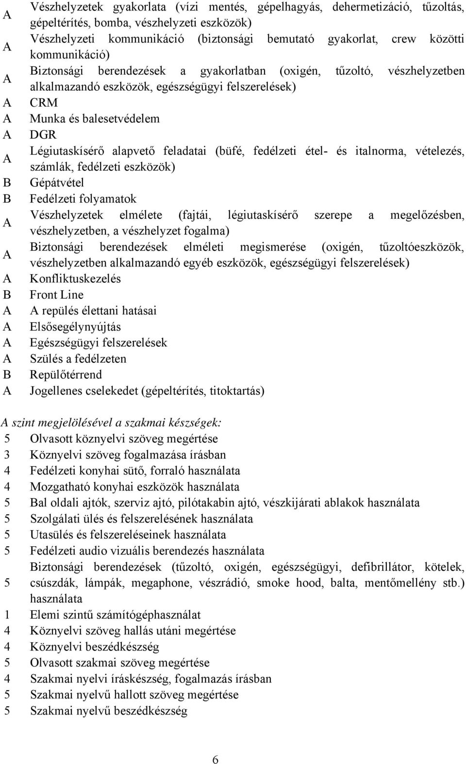 alapvető feladatai (büfé, fedélzeti étel és italnorma, vételezés, számlák, fedélzeti eszközök) Gépátvétel Fedélzeti folyamatok Vészhelyzetek elmélete (fajtái, légiutaskísérő szerepe a megelőzésben,