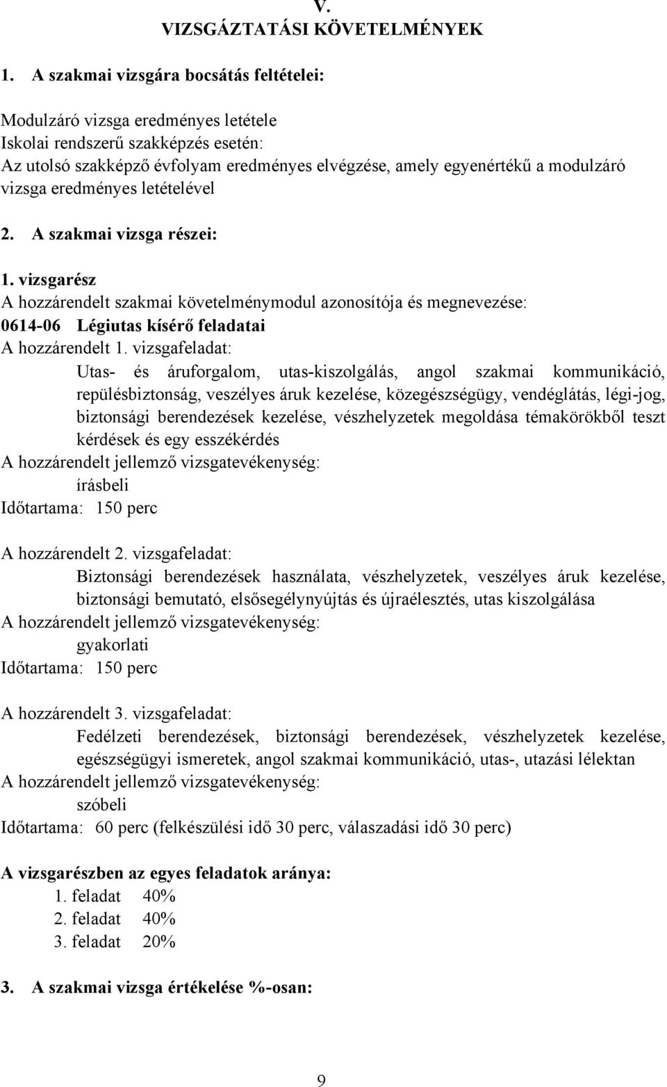 eredményes letételével 2. szakmai vizsga részei: 1. vizsgarész hozzárendelt szakmai követelménymodul azonosítója és megnevezése: 061406 Légiutas kísérő feladatai hozzárendelt 1.