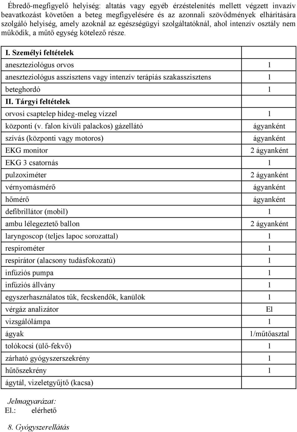 Személyi feltételek aneszteziológus orvos 1 aneszteziológus asszisztens vagy intenzív terápiás szakasszisztens 1 beteghordó 1 II. Tárgyi feltételek orvosi csaptelep hideg-meleg vízzel 1 központi (v.