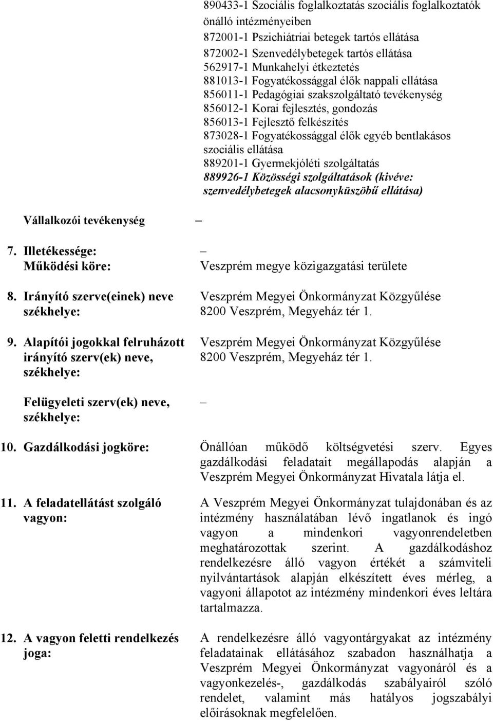 873028-1 Fogyatékossággal élők egyéb bentlakásos szociális ellátása 889201-1 Gyermekjóléti szolgáltatás 889926-1 Közösségi szolgáltatások (kivéve: szenvedélybetegek alacsonyküszöbű ellátása) 7.