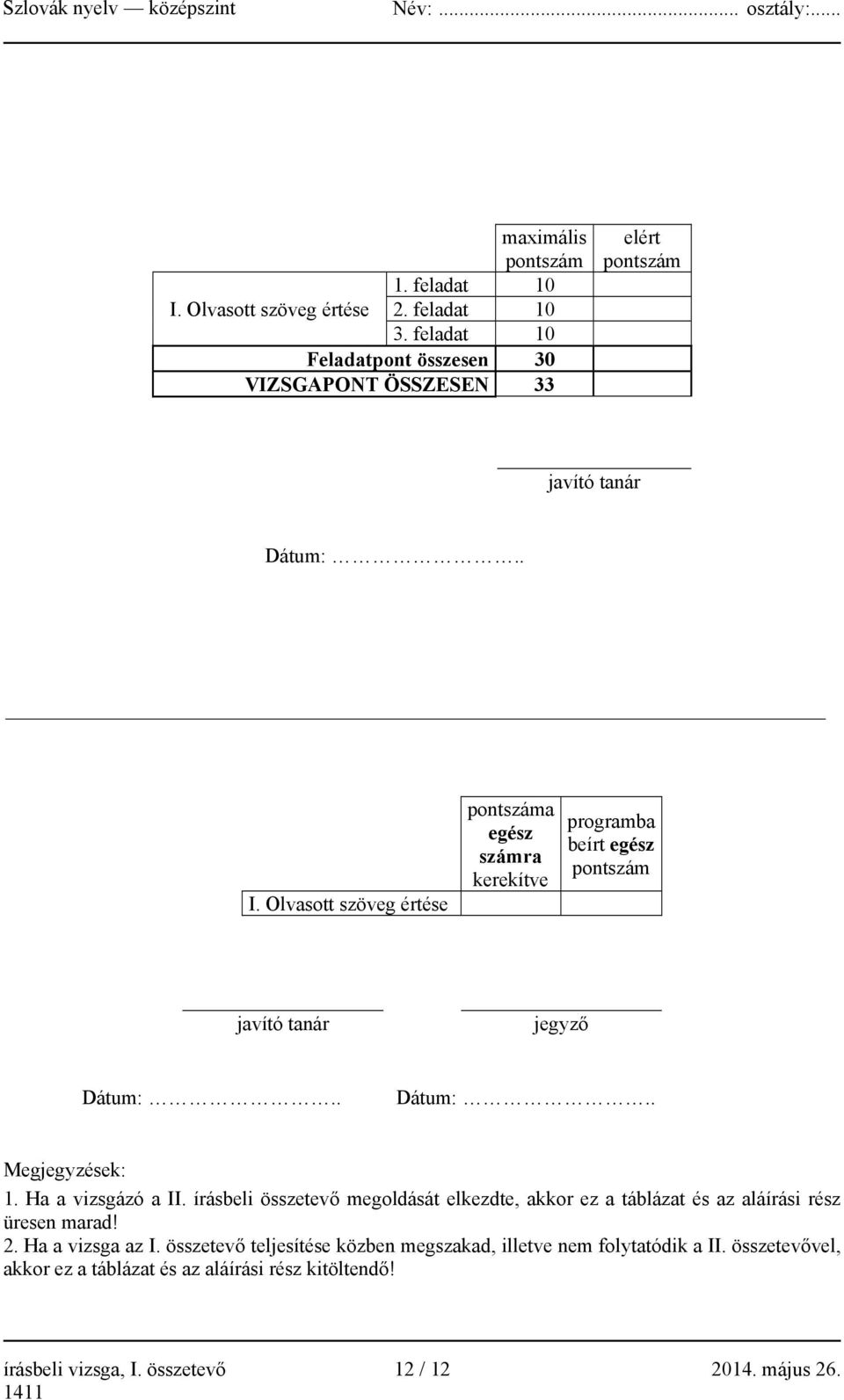 Olvasott szöveg értése pontszáma egész számra kerekítve programba beírt egész pontszám javító tanár jegyző Dátum:.. Dátum:.. Megjegyzések: 1.