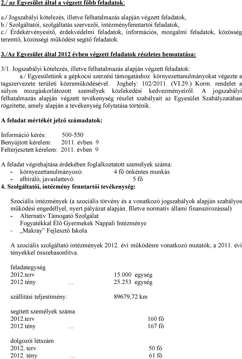 /Az Egyesület által 2012 évben végzett feladatok részletes bemutatása: 3/1. Jogszabályi kötelezés, illetve felhatalmazás alapján végzett feladatok: a.