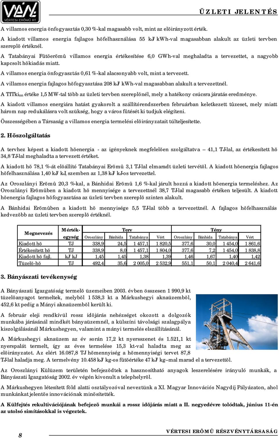 A Tatabányai Fûtõerõmû villamos energia értékesítése 6,0 GWh-val meghaladta a tervezettet, a nagyobb kapcsolt hõkiadás miatt.