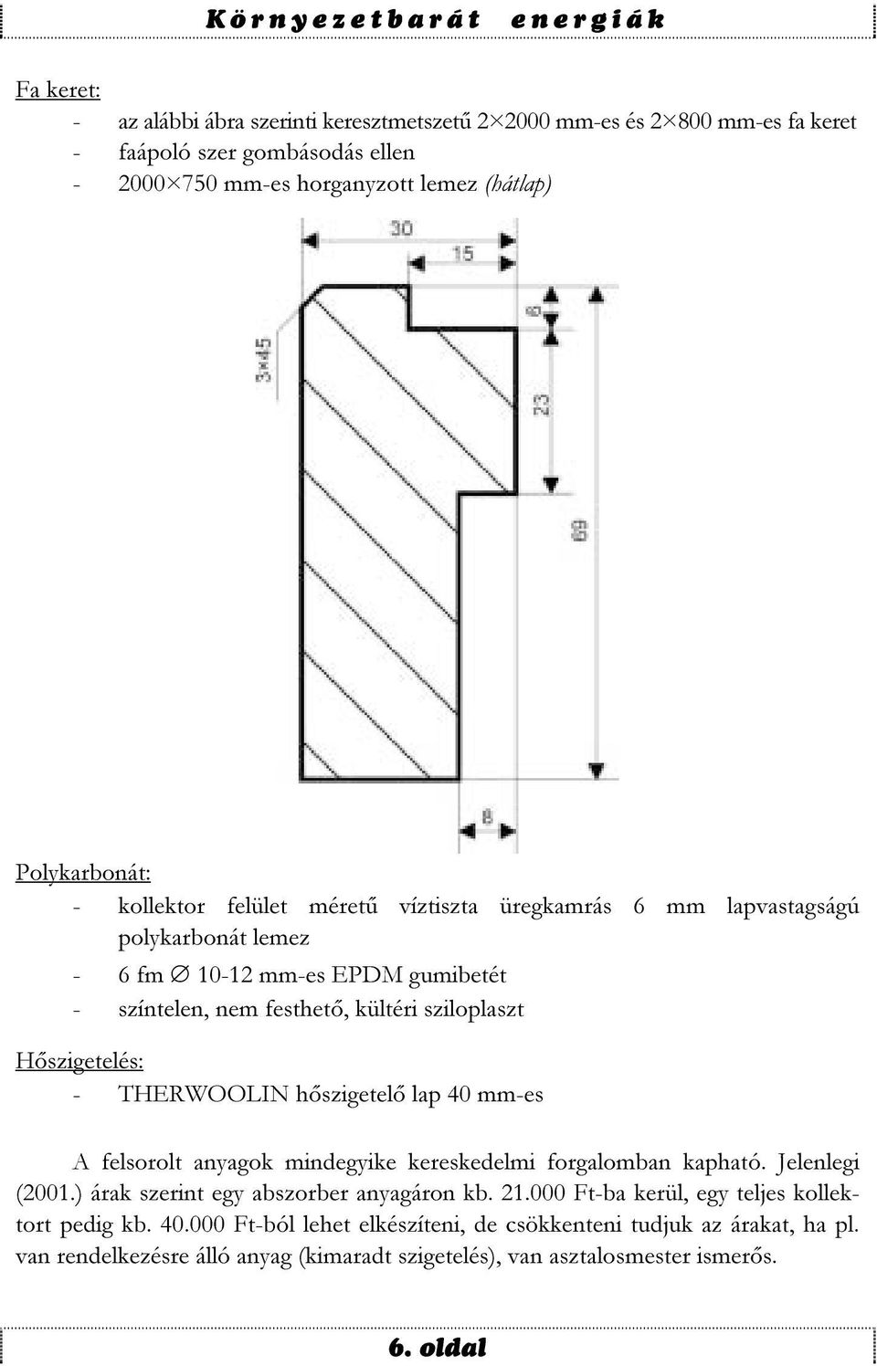 THERWOOLIN hőszigetelő lap 40 mm-es A felsorolt anyagok mindegyike kereskedelmi forgalomban kapható. Jelenlegi (2001.) árak szerint egy abszorber anyagáron kb. 21.