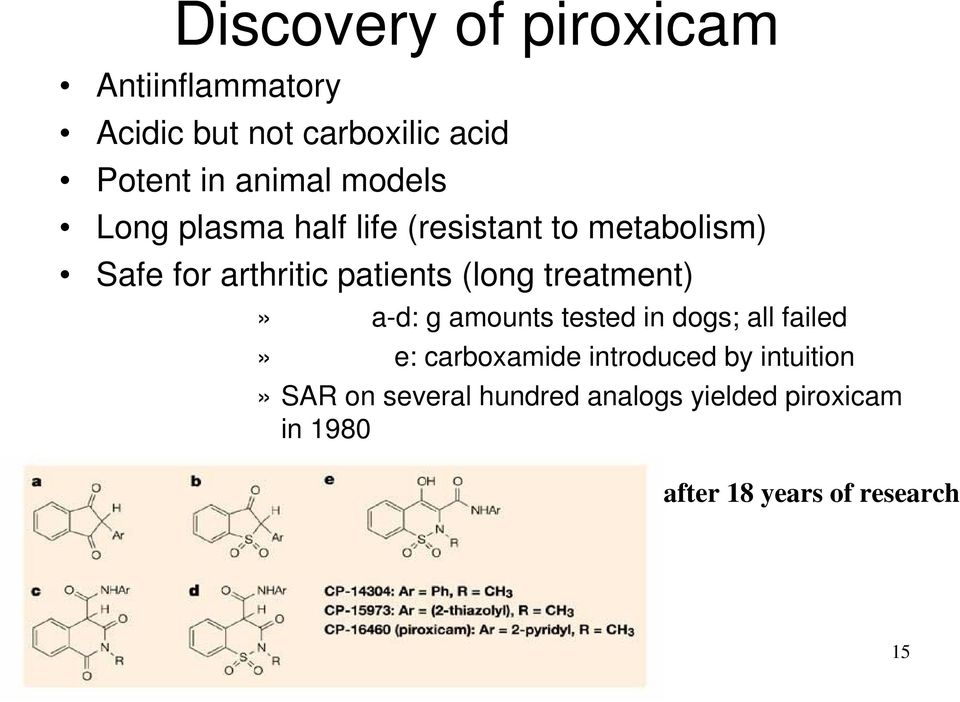 treatment)» a-d: g amounts tested in dogs; all failed» e: carboxamide introduced by