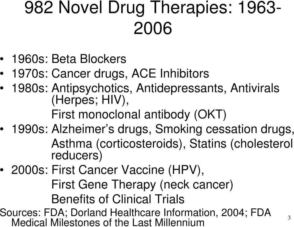 drugs, Asthma (corticosteroids), Statins (cholesterol reducers) 2000s: First Cancer Vaccine (HPV), First Gene Therapy (neck