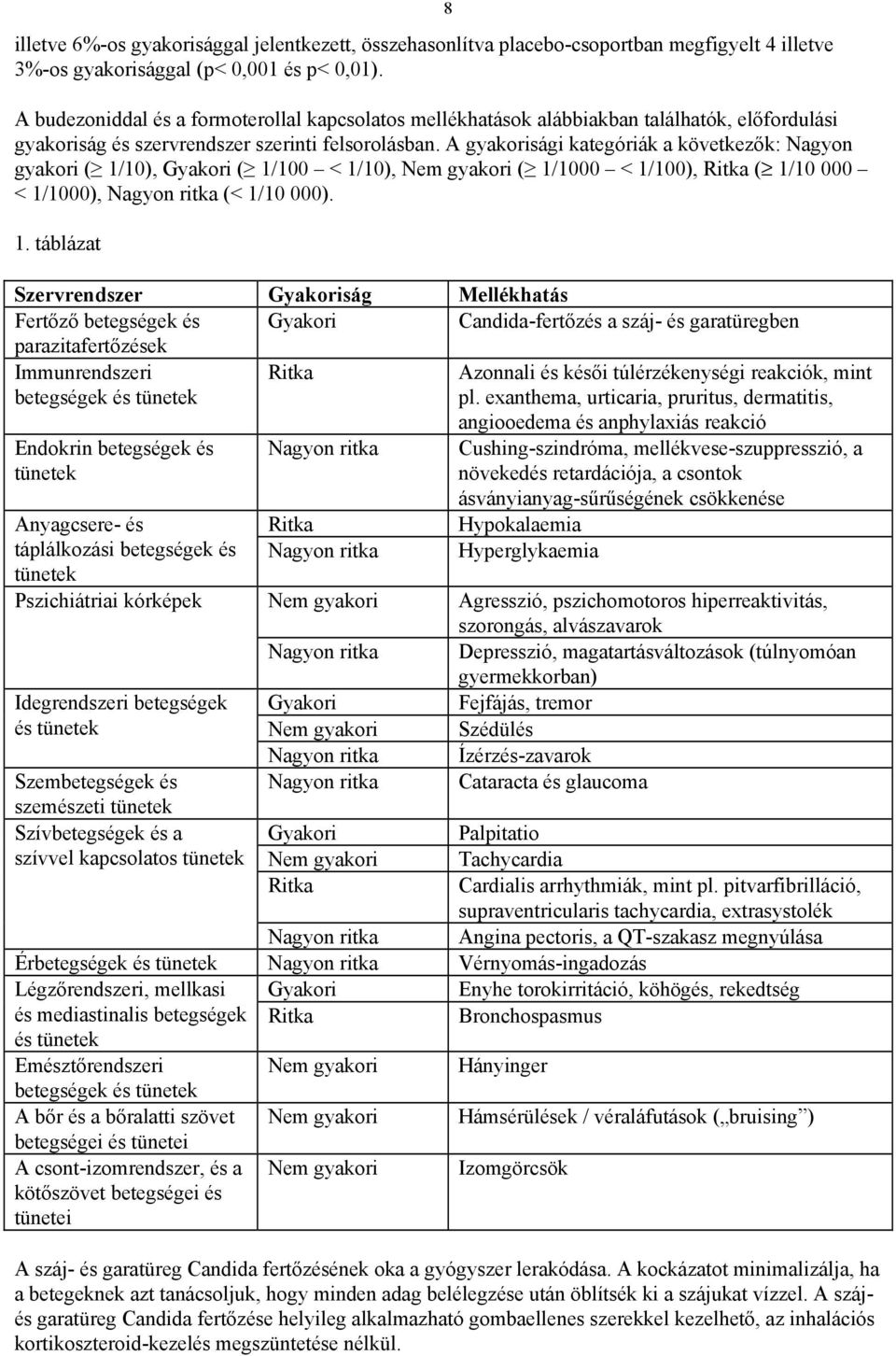 A gyakorisági kategóriák a következők: Nagyon gyakori ( 1/