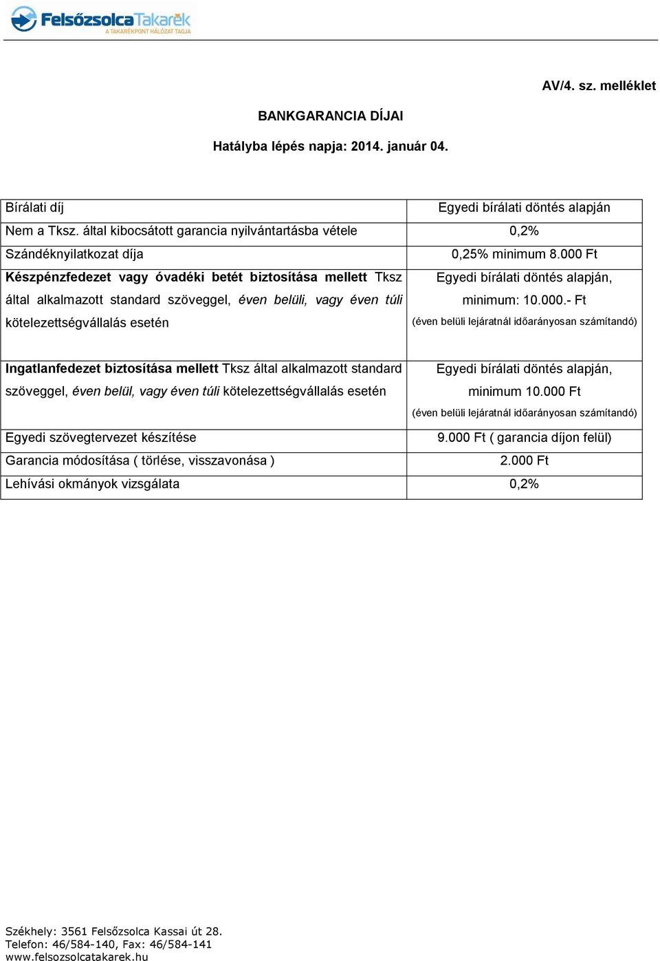 000 Ft Készpénzfedezet vagy óvadéki betét biztosítása mellett Tksz által alkalmazott standard szöveggel, éven belüli, vagy éven túli kötelezettségvállalás esetén Egyedi bírálati döntés alapján,